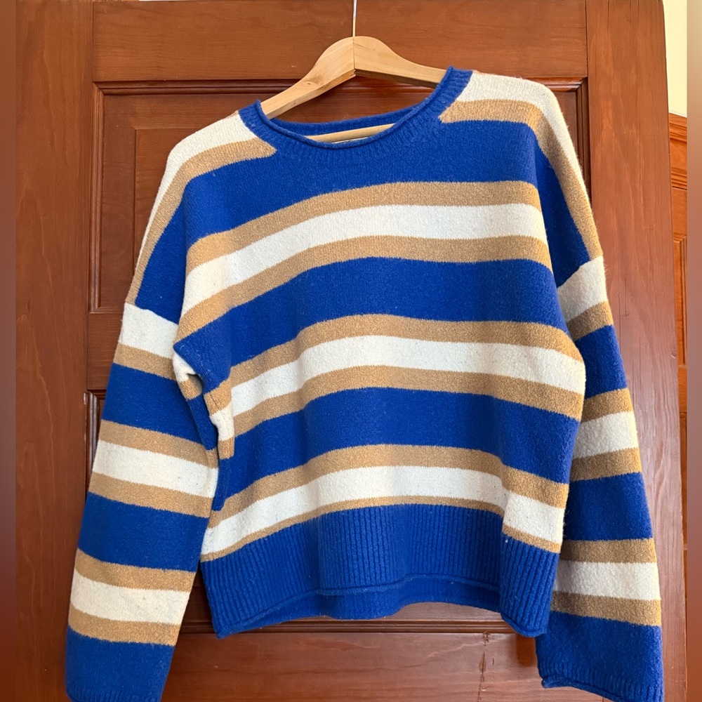 Madewell Size L Blue and Tan Merino Bland Striped Sweater